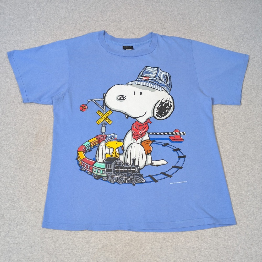 Vintage Peanuts Pacific Railroad Train Snoopy Woodstock Mens Large Blue T-Shirt